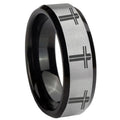 8mm Multi Christian Cross Two-Tone Beveled Gray Black Tungsten Wedding Ring