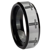 10mm Multiple Christian Cross Beveled Brushed Silver Black Tungsten Men's Ring