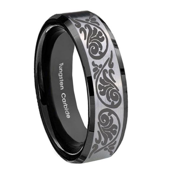 8mm-Etched-Tribal-Pattern-Beveled-Edges-Brush-Black-2-Tone-Tungsten-Mens-Ring