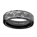 10mm-Etched-Tribal-Pattern-Beveled-Brushed-Silver-Black-Tungsten-Bands-Ring