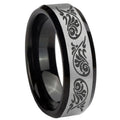 10mm Etched Tribal Pattern Beveled Brushed Silver Black Tungsten Bands Ring