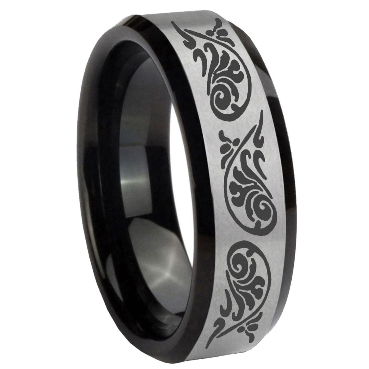 10mm Etched Tribal Pattern Beveled Brushed Silver Black Tungsten Bands Ring