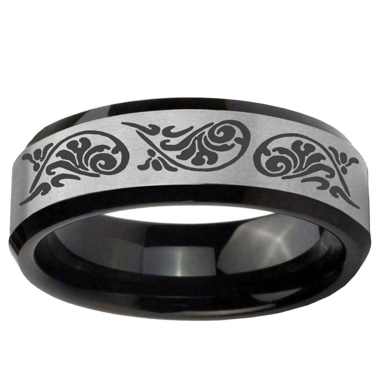 10mm Etched Tribal Pattern Beveled Brushed Silver Black Tungsten Bands Ring