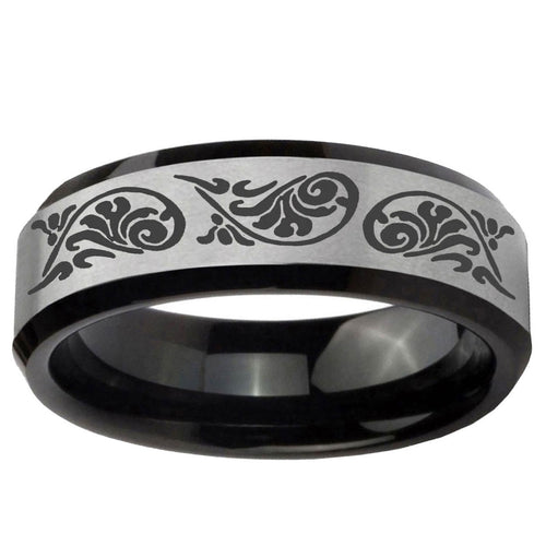 10mm Etched Tribal Pattern Beveled Brushed Silver Black Tungsten Bands Ring