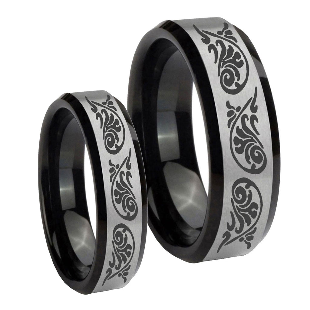 Etched Tribal Pattern Beveled Brush Black 2 Tone Tungsten Wedding Set Rings
