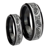 His Hers Etched Tribal Pattern Beveled Brush Black 2 Tone Tungsten Wedding Ring Set