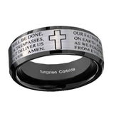 10mm-Bible-Lord's-Prayer-Cross-Beveled-Brushed-Silver-Black-Tungsten-Custom-Mens-Ring