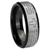 8mm Etched Lord's Prayer Cross Beveled Brush Black 2 Tone Tungsten Men's Bands Ring