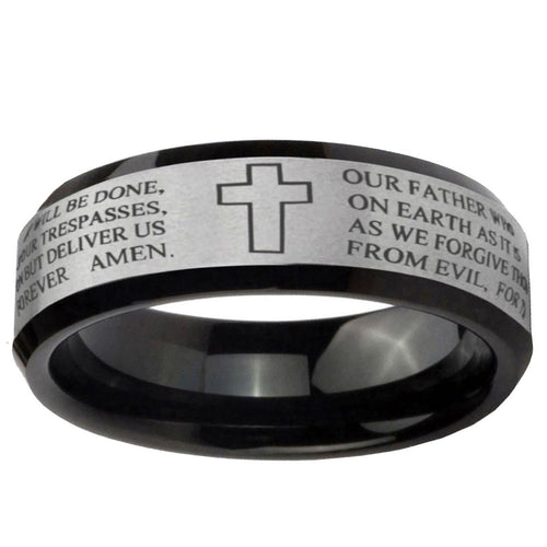 10mm Bible Lord's Prayer Cross Beveled Brushed Silver Black Tungsten Ring