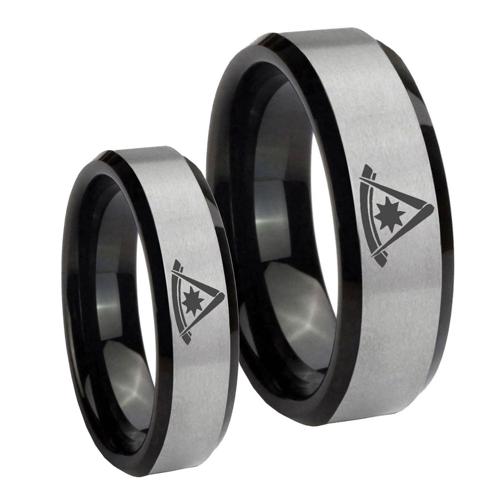 Pester Master Masonic Beveled Brush Black 2 Tone Tungsten Matching Ring Set