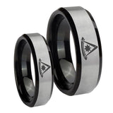 His Hers Pester Master Masonic Beveled Brush Black 2 Tone Tungsten Engraving Ring Set