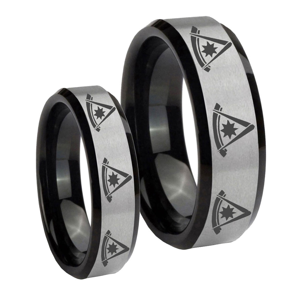 Multiple Pester Master Masonic Beveled Brush Black 2 Tone Tungsten Mens Band Set