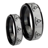His Hers Multiple Pester Master Masonic Beveled Brush Black 2 Tone Tungsten Men's Ring Set