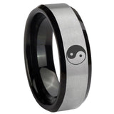 8mm Yin Yang Beveled Edges Brush Black 2 Tone Tungsten Carbide Men's Band Ring