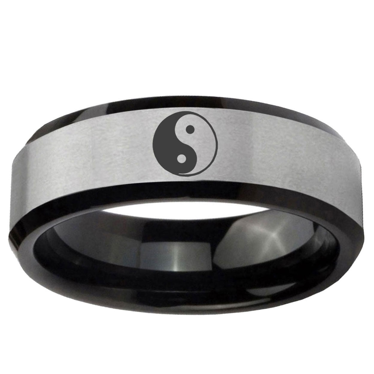 5mm Yin Yang Two-Tone Beveled Gray Black Tungsten Wedding Ring