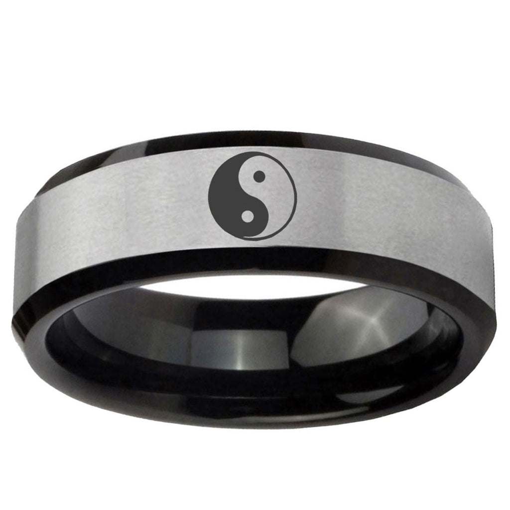 10mm Yin Yang Beveled Edge Brushed Silver Black Tungsten Carbide Mens Ring