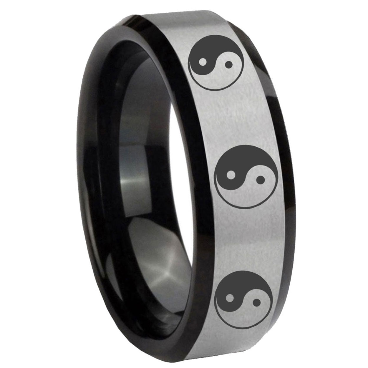 10mm Multiple Yin Yang Beveled Brushed Silver Black Tungsten Men's Promise Rings