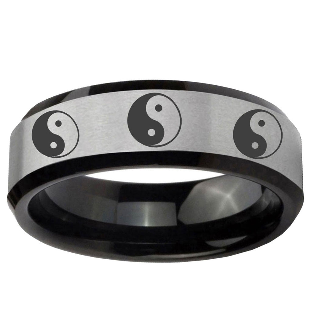 5mm Multiple Yin Yang Two-Tone Beveled Gray Black Tungsten Wedding Ring