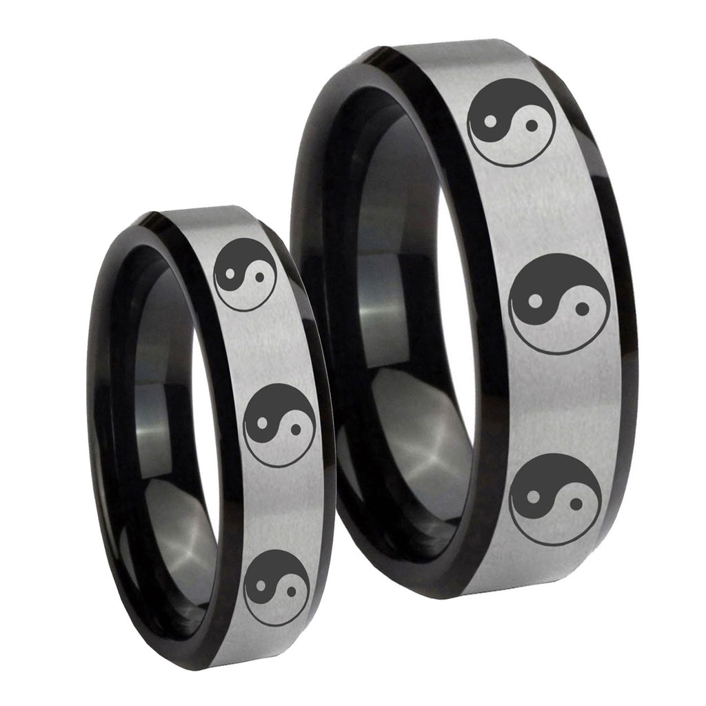 Multiple Yin Yang Beveled Brush Black 2 Tone Tungsten Wedding Ring Sets