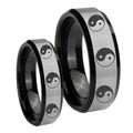 Multiple Yin Yang Beveled Brush Black 2 Tone Tungsten Wedding Ring Sets