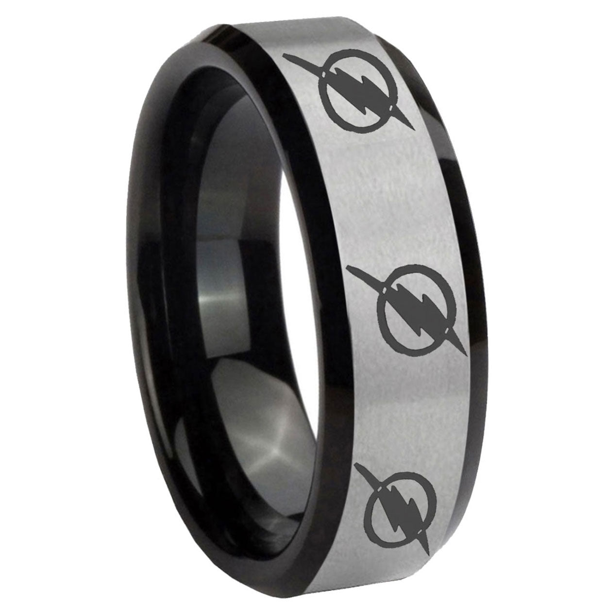 8mm Multiple Flash Two-Tone Beveled Gray Black Tungsten Wedding Ring