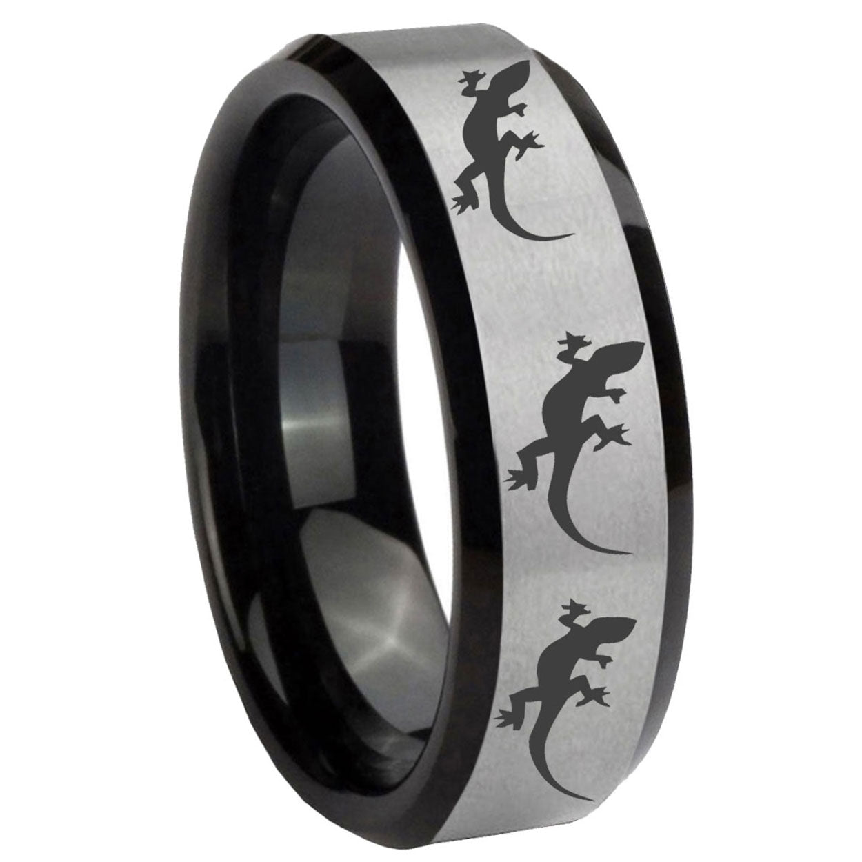 8mm Multiple Lizard Two-Tone Beveled Gray Black Tungsten Wedding Ring