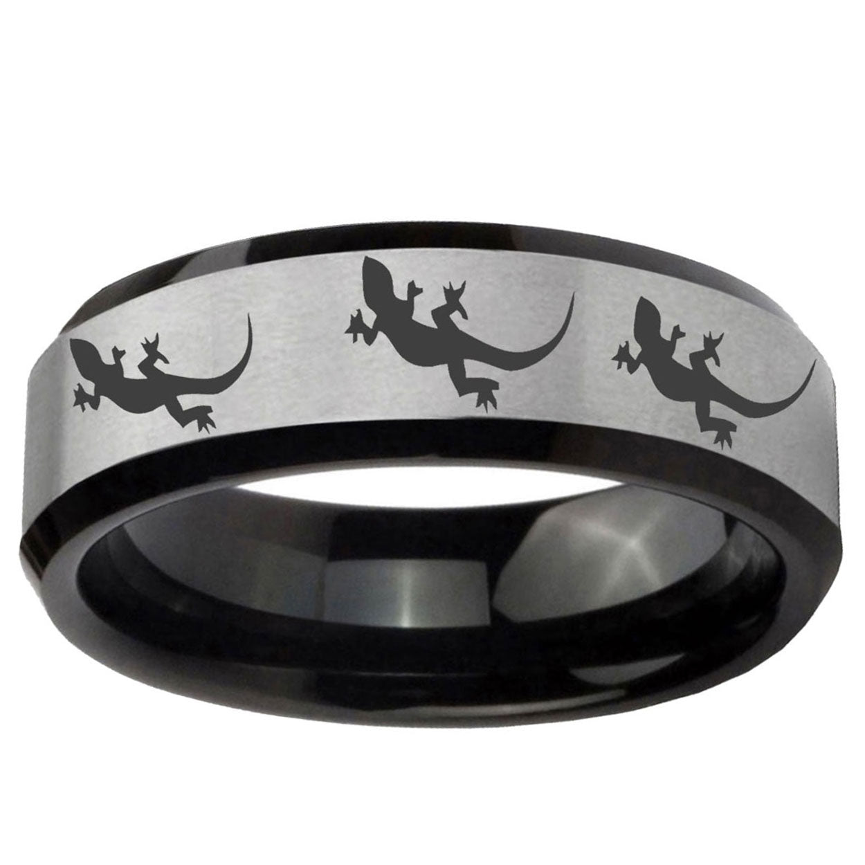 10mm Multiple Lizard Beveled Brushed Silver Black Tungsten Ring