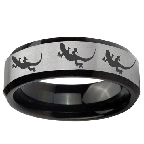 10mm Multiple Lizard Beveled Brushed Silver Black Tungsten Ring
