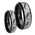 Multiple Lizard Beveled Brush Black 2 Tone Tungsten Bridal Ring Sets