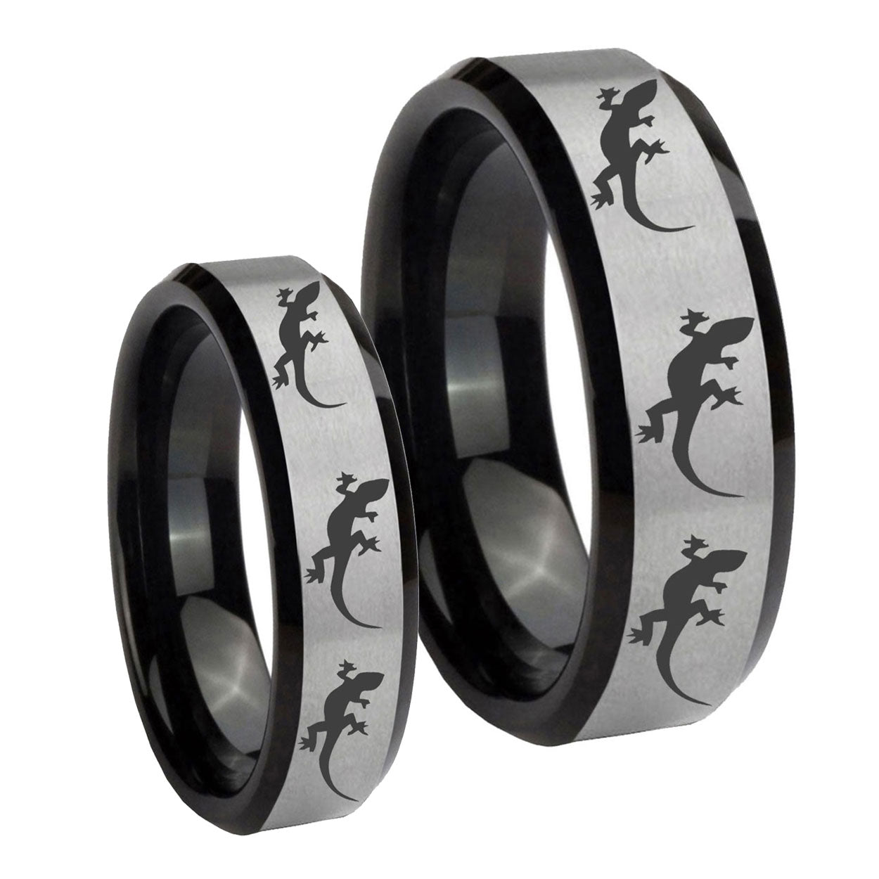 Multiple Lizard Beveled Brush Black 2 Tone Tungsten Bridal Ring Sets