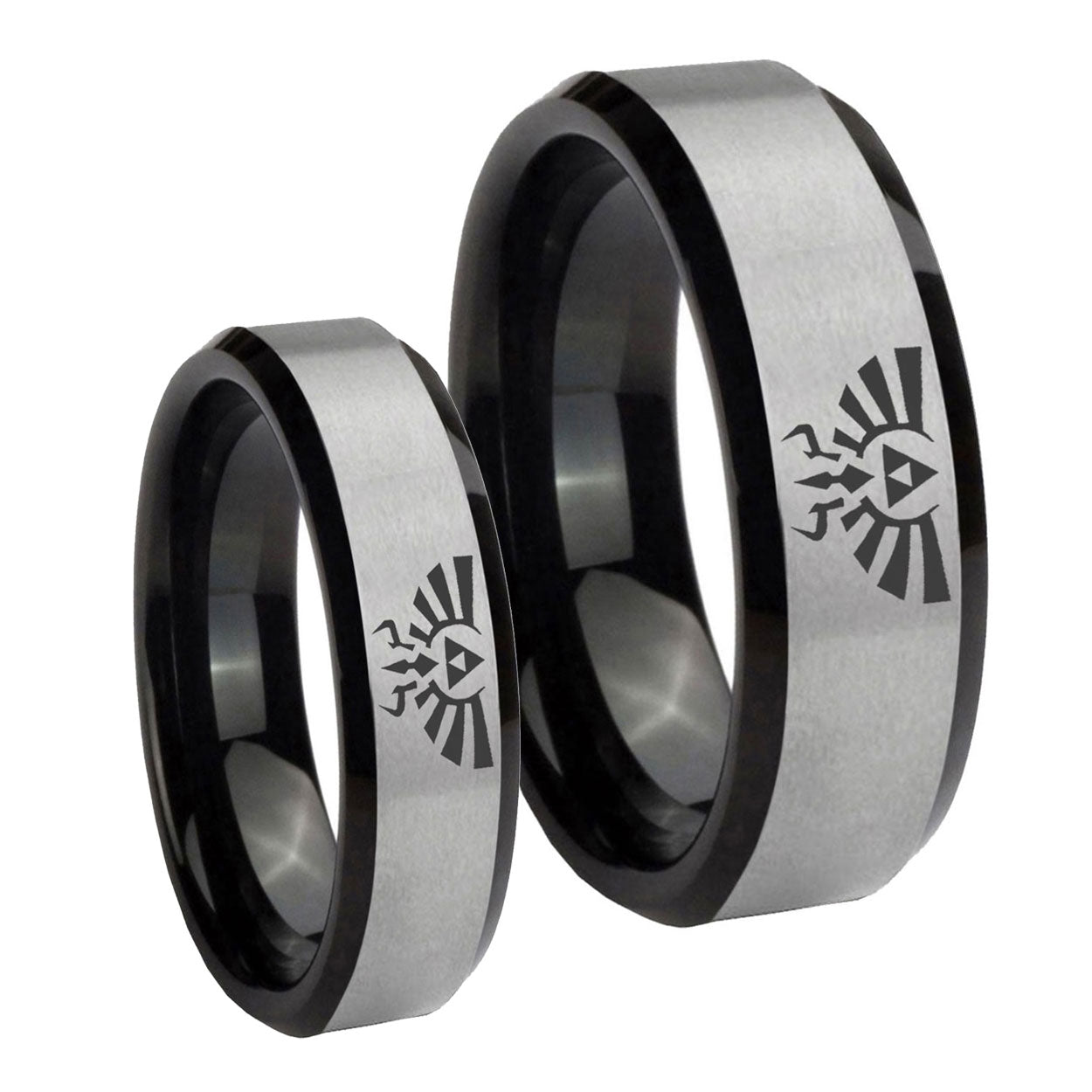 Zelda Skyward Sword Beveled Brush Black 2 Tone Tungsten Mens Band Set