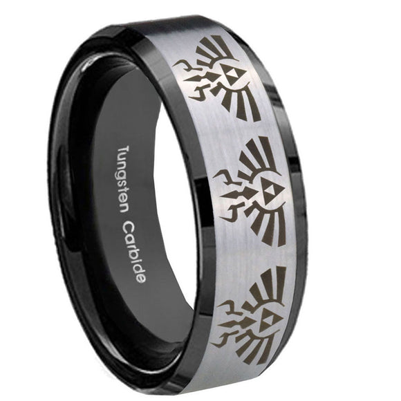8mm-Multiple-Zelda-Skyward-Sword-Beveled-Brush-Black-2-Tone-Tungsten-Mens-Ring