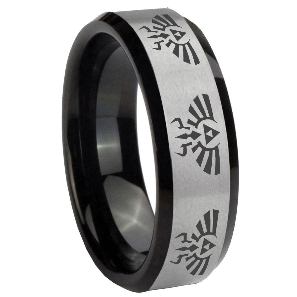 10mm Multiple Zelda Skyward Sword Beveled Brushed Silver Tungsten Men's Ring