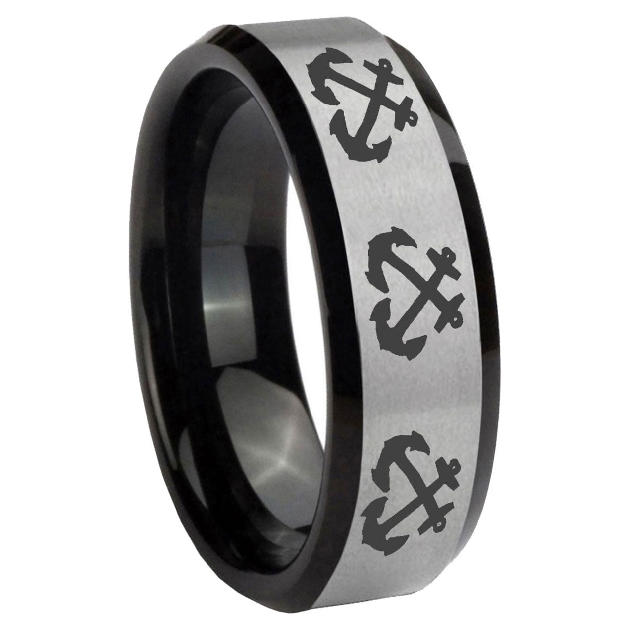 10mm Multiple Anchor Beveled Brushed Silver Black Tungsten Personalized Ring