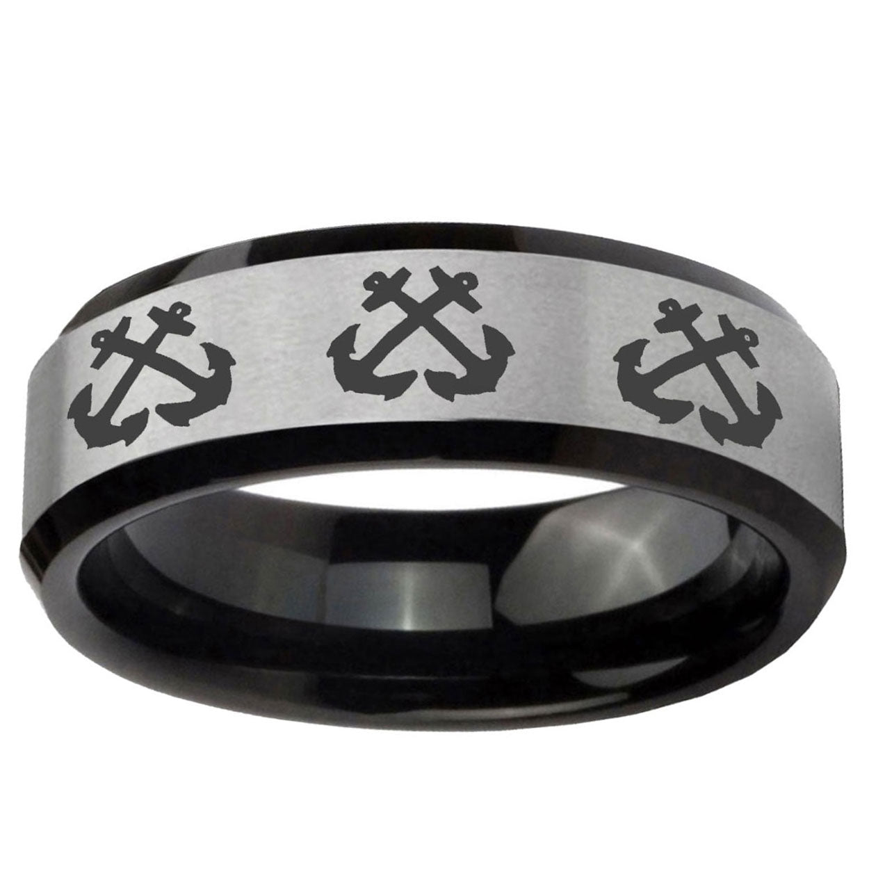 5mm Multiple Anchor Two-Tone Beveled Gray Black Tungsten Wedding Ring