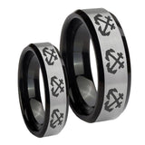His Hers Multiple Anchor Beveled Brush Black 2 Tone Tungsten Men's Band Ring Set