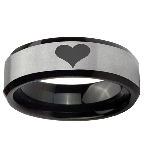 10mm Heart Beveled Edge Brushed Silver Black Tungsten Ring