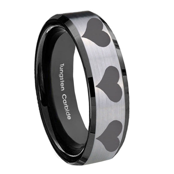 10mm-Multiple-Heart-Beveled-Brushed-Silver-Black-Tungsten-Custom-Mens-Ring