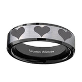 10mm-Multiple-Heart-Beveled-Brushed-Silver-Black-Tungsten-Custom-Mens-Ring