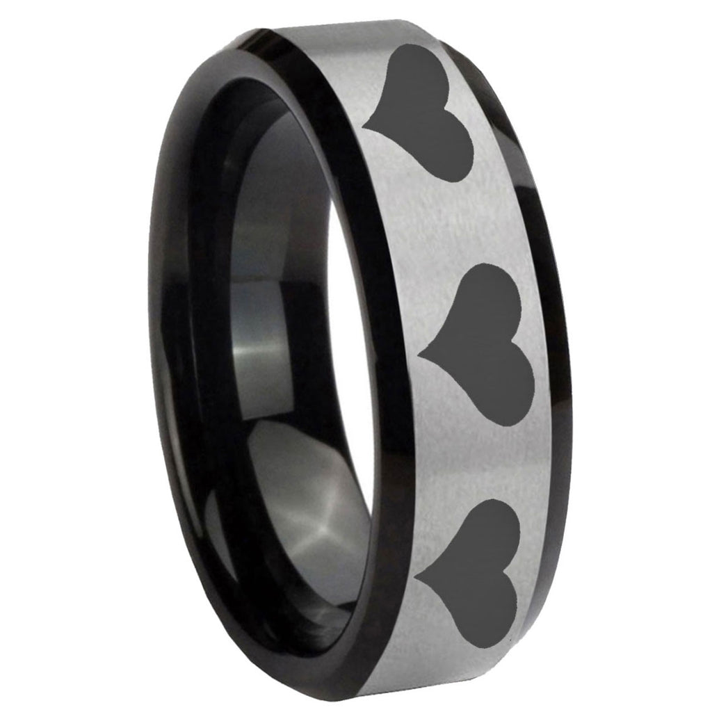 8mm Multiple Heart Two-Tone Beveled Gray Black Tungsten Wedding Ring