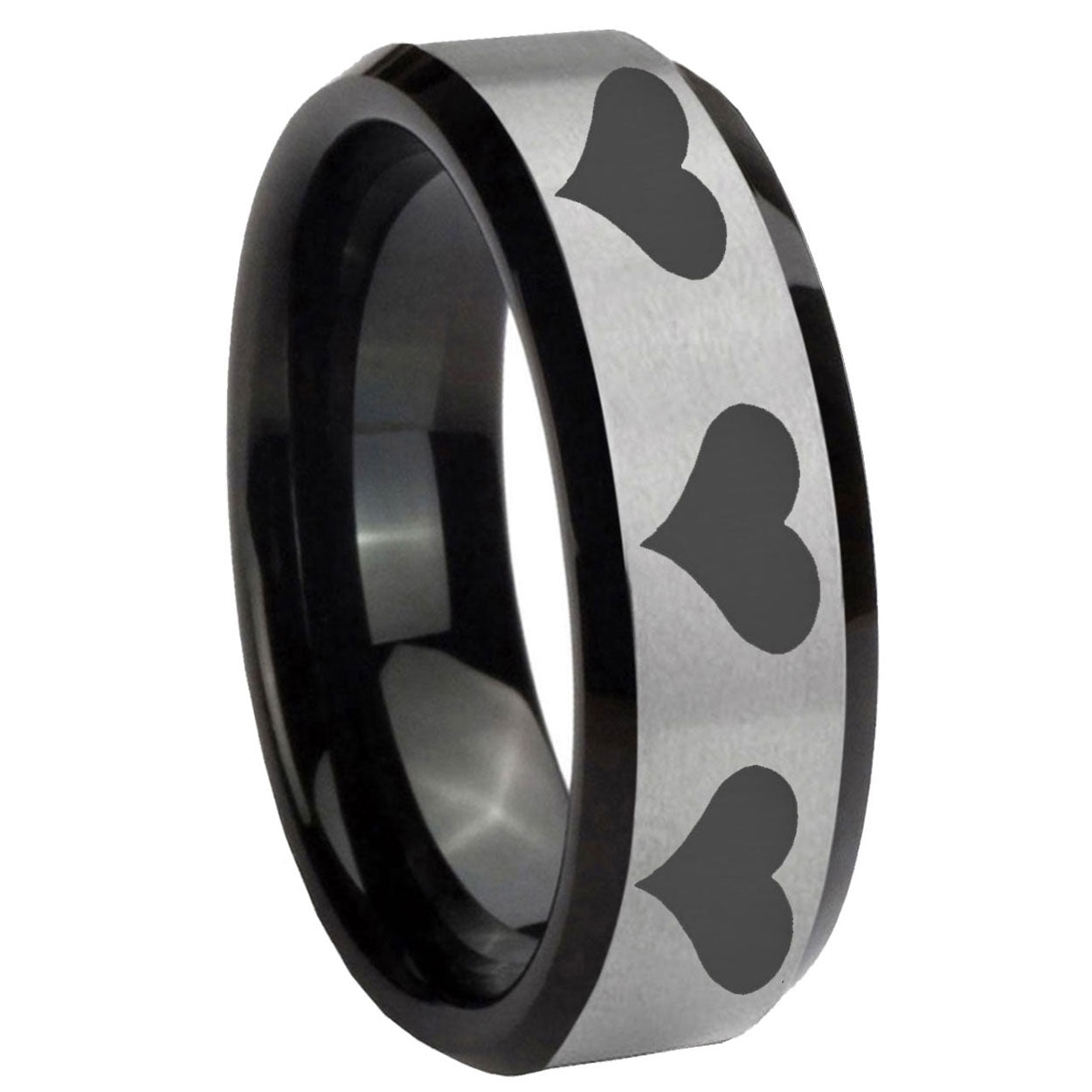 10mm Multiple Heart Beveled Brushed Silver Black Tungsten Custom Mens Ring