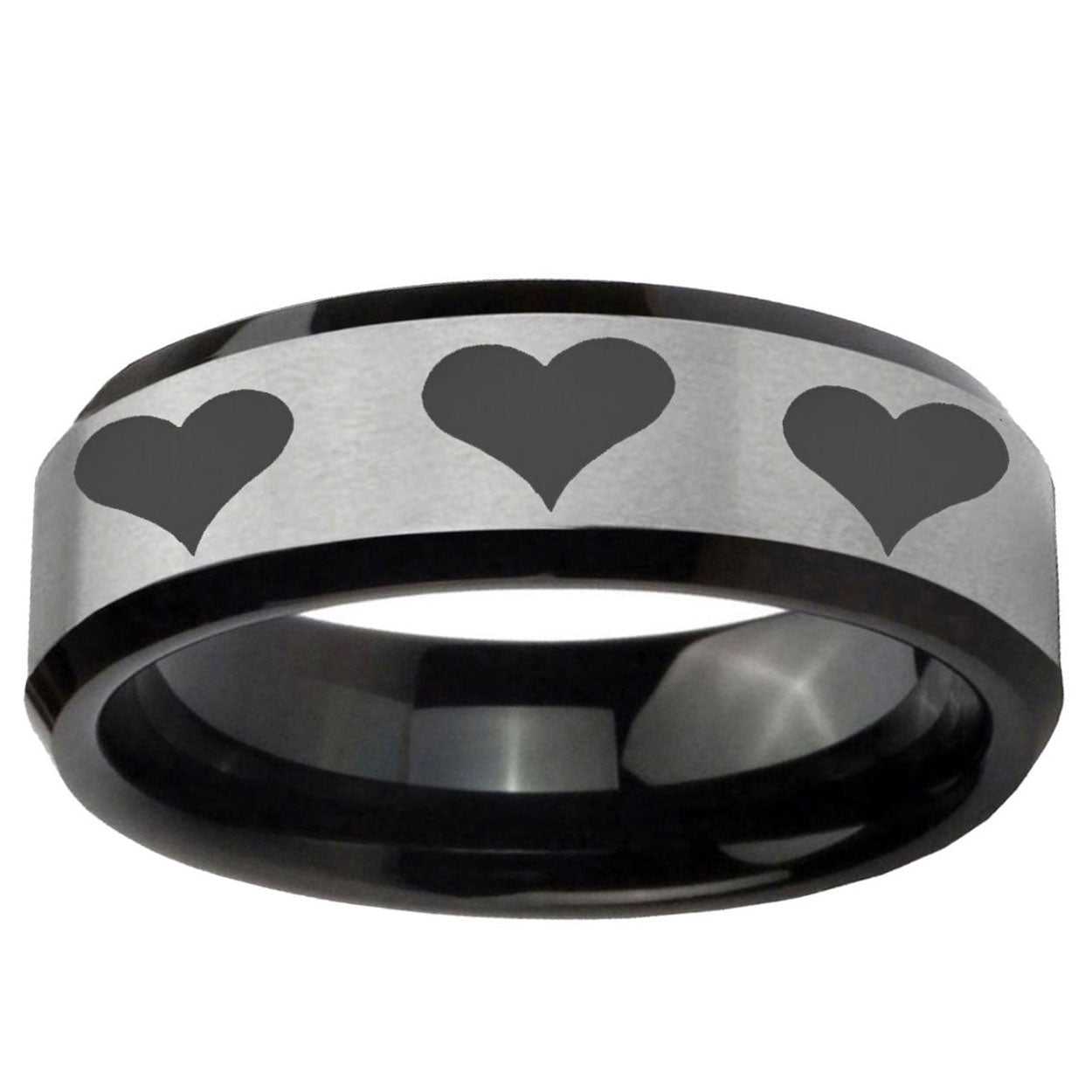 10mm Multiple Heart Beveled Brushed Silver Black Tungsten Ring