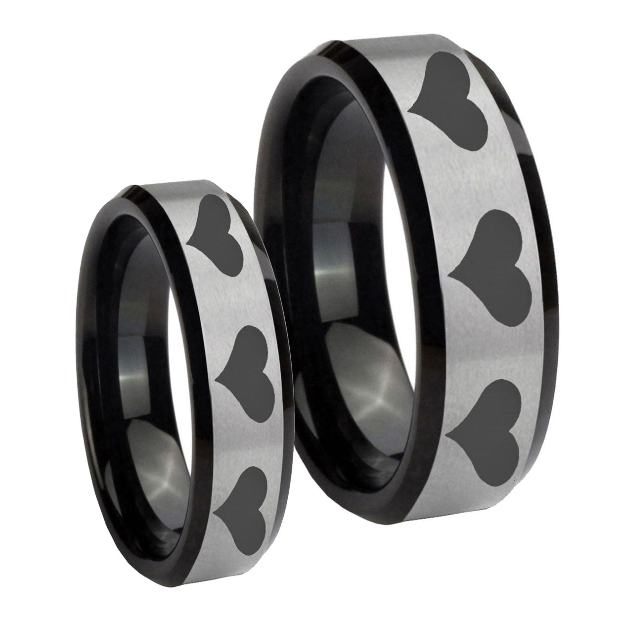 Multiple Heart Beveled Brush Black 2 Tone Tungsten His Hers Ring Set