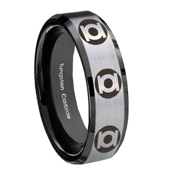8mm Multiple Green Lantern Beveled Edge Black Silver Tungsten Carbide Mens Rings