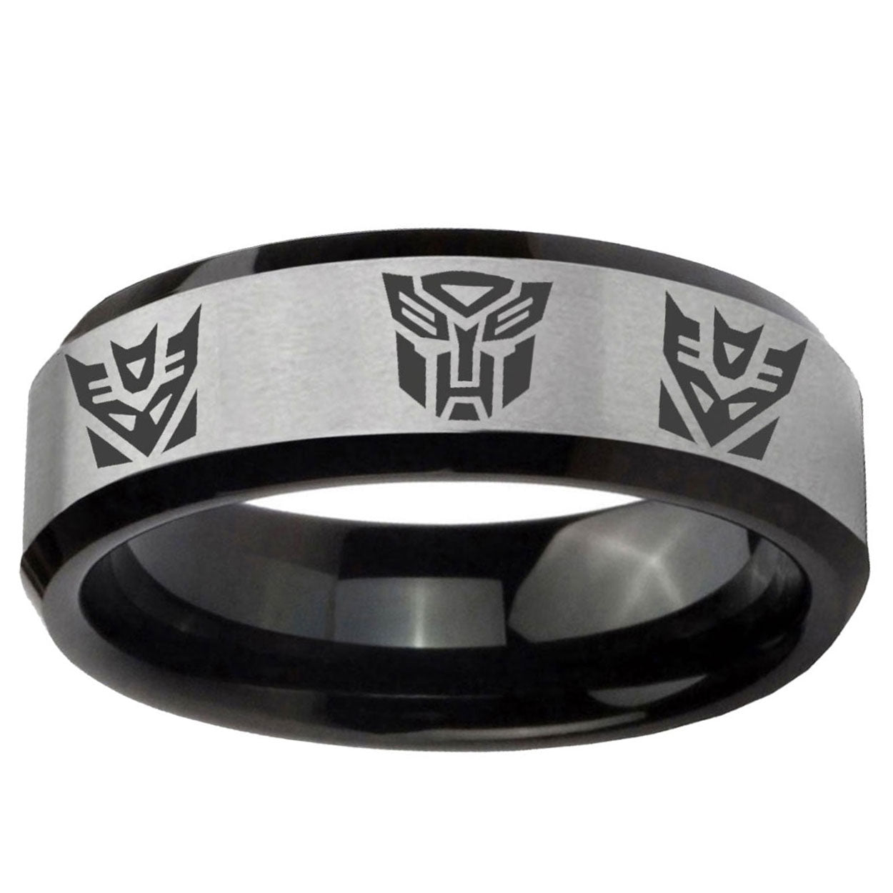 10mm Transformers Autobot Decepticon Beveled Brushed Silver Black Tungsten Engraved Ring