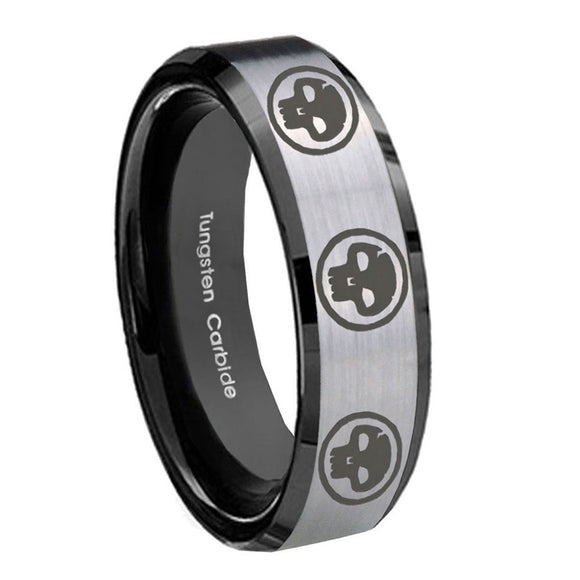10mm-Multiple-Skull-Beveled-Brushed-Silver-Black-Tungsten-Mens-Wedding-Band