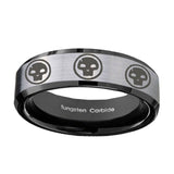 10mm-Multiple-Skull-Beveled-Brushed-Silver-Black-Tungsten-Mens-Wedding-Band