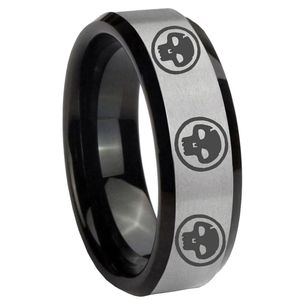 8mm Multi Skull Symbol Two-Tone Beveled Gray Black Tungsten Wedding Ring