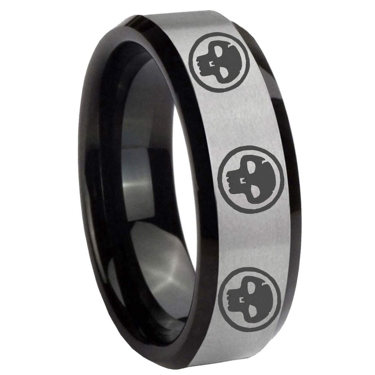 10mm Multiple Skull Beveled Brushed Silver Black Tungsten Mens Wedding Band