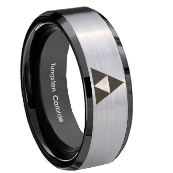 10mm-Zelda-Triforce-Beveled-Brushed-Silver-Black-Tungsten-Men's-Promise-Rings